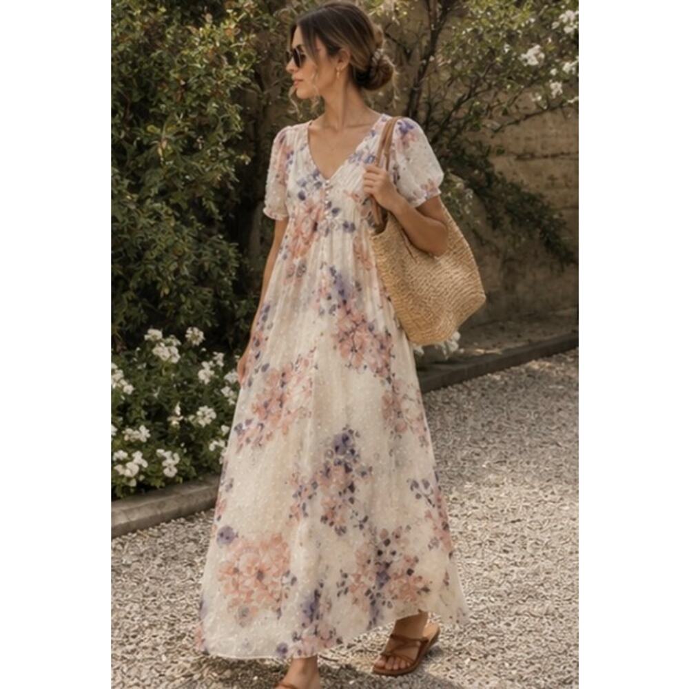 NWT Lovestitch Romantic Floral Swiss Dot Maxi Dress Size Medium